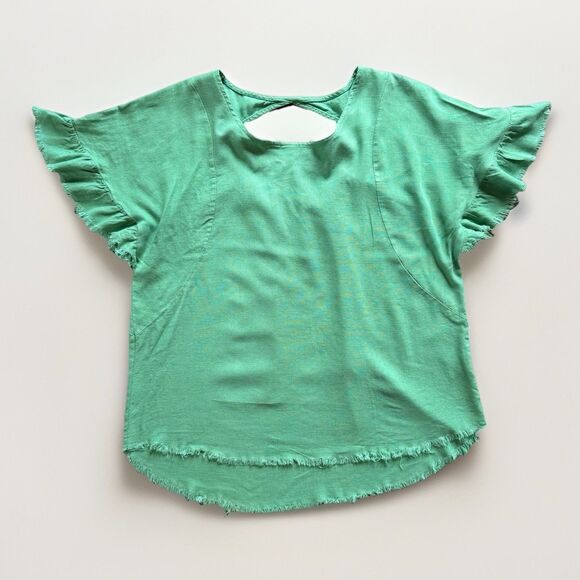 Umgee Top Green Linen Round Neck Flutter Sleeve Womens Blouse Size Medium - Picture 1 of 9